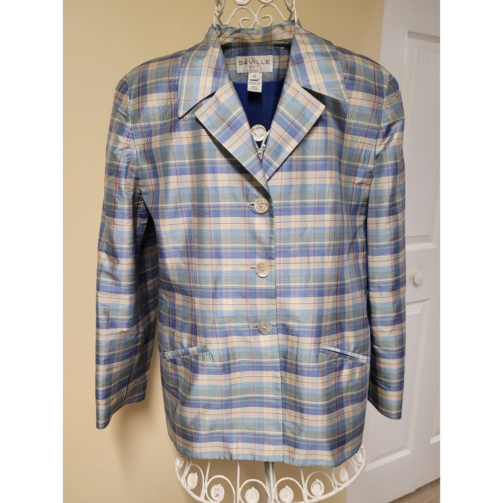 Saville Womens Blue Plaid 100% Silk Preppy Blazer Jacket Size 12 Made in USA